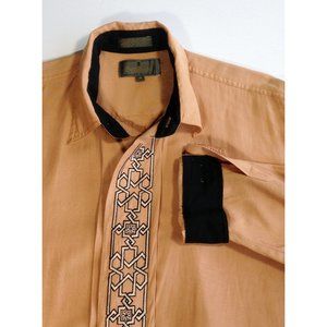 Bugatchi Uomo Shirt Rust Orange Embroidered Placket Flip Cuffs RARE - MEDIUM